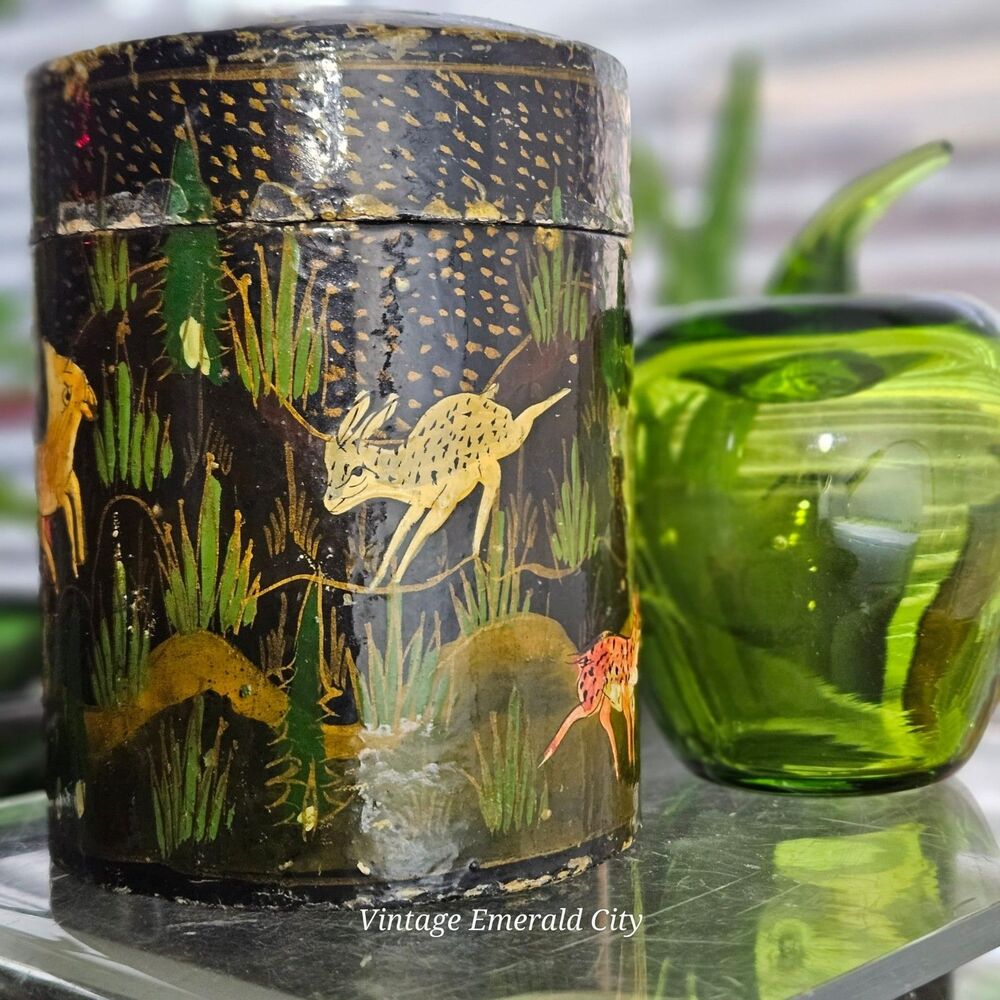 Kashmir India Forest Scene Hand Painted Lacquered Lidded Canister Leaping Deer
